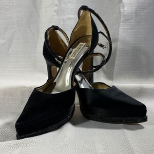 Badgley Mischka Black Satin Platform Pumps Block Heel Strap Size 8.5 Glitter